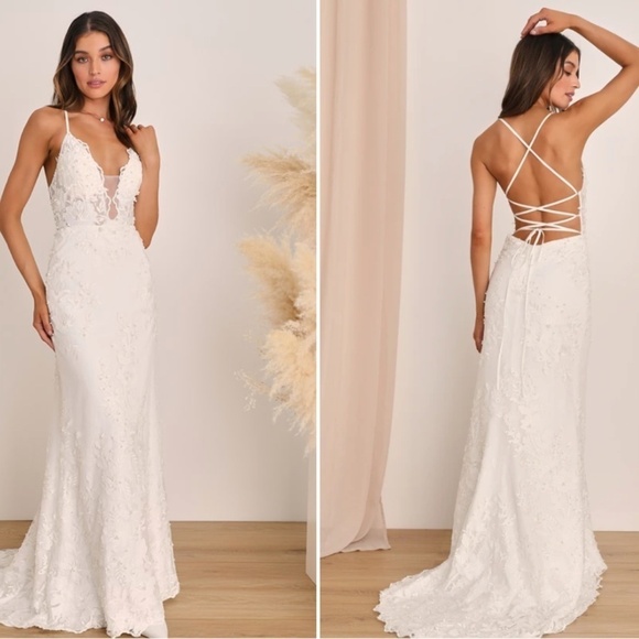 LULUS Bridal Elegant Sophisticated Sexy Floral Pearl Tieback Mermaid Gown - Picture 5 of 6